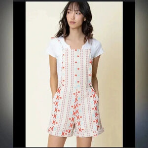 NEW En Crème ivory cotton short overalls w/ turquoise/coral embroidered, sz L